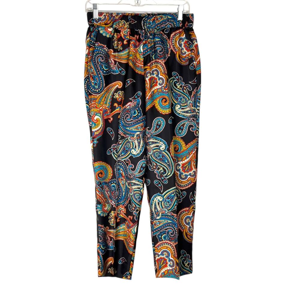 J.Crew Women's Size 6 Silk Black Multicolor Paisley Mid-Rise Pants Boho Slim